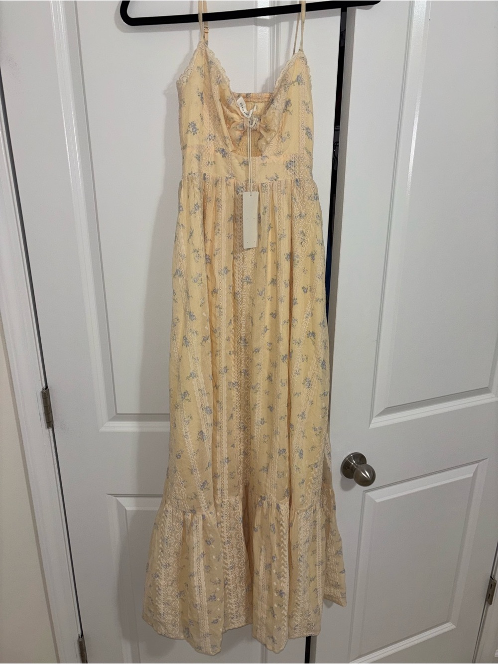 Altar'd State Pale Yellow Floral Lace-Trim Maxi Dress